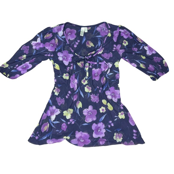 Floral Tunic Top Womens XS Purple Yellow 3/4 Sleeve Y2k Baby doll Sheer Blouse - Picture 1 of 4